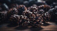  A Pile Of Pine Cones Sitting On Top Of A Wooden Table Next To A Pile Of Other Pine Cones On Top Of A Wooden Table Next To Each Other Pine Cones.