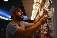 Technician Switches The Wires To The Cross Panel In The Server Room. The Specialist Shines A Flashlight On The IP Telephony Patch Panel. The Signalman Works In The Dark Room Of The Data Center.