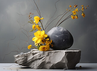 Fototapete - branch yellow orchid and pile of black stones on black background