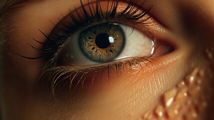 Sticker -  a close up of a person's eye with long lashes and blue eyeshadow, with the eye of a woman's head in the foreground.