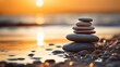 Zen stones on the beach at sunset, concept of balance and harmony