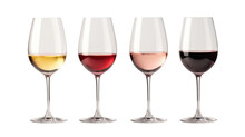 Set of white, rose, and red wine glasses isolated on transparent background