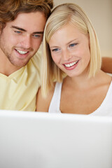 Poster - Laptop, love and couple relax on a sofa with social media, movies or streaming at home together. Online shopping, search and people in a living room checking ecommerce website deal for December sale