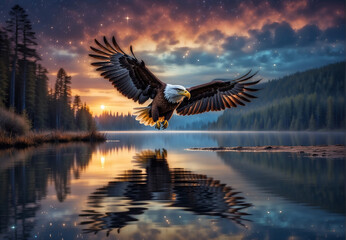 an eagle flies over the lake at night