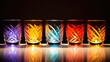 An array of vibrant, colourful liquor glasses reflecting on a dark surface, creating a mesmerizing display.