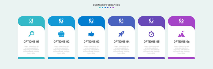 Timeline infographic with infochart. Modern presentation template with 6 spets for business process. Website template on white background for concept modern design. Horizontal layout.