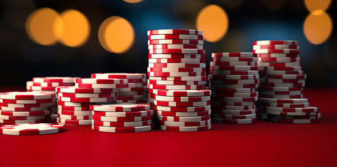 More poker chips on a red table, in the style of photorealistic still lifes