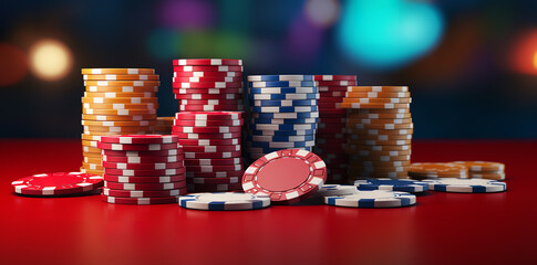 More poker chips on a red table, in the style of photorealistic still lifes