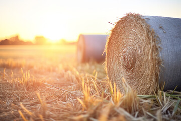 Wall Mural - Shot of hay bales with sun descending behind