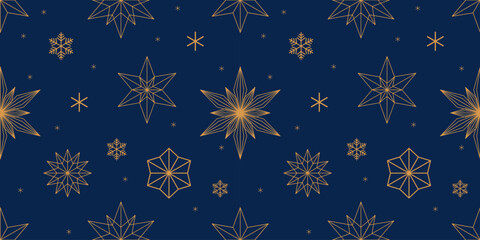 Poster - Seamless pattern with Christmas elements, snowflakes and stars on dark blue background for wrapping paper, card, banner. Holiday season, abstract design. Vector illustration.