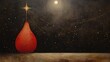  a painting of a red drop hanging from a string with a star on top of it and a black background with a gold star in the middle of the painting.