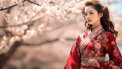 woman of chinese heritage in a traditional outfit walking through blossoming trees