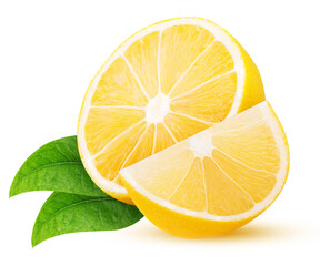 Wall Mural - Ripe lemon one cut in half with green leaf