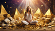 A blonde beauty sits on a mountain of gold coins