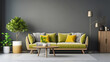 High-quality snapshot of a bright room with modern interior elements, including a plush sofa, greenery, and tasteful accessories against a sophisticated gray wall.