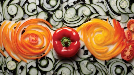 Poster -  a group of sliced up vegetables sitting on top of a white and black tablecloth covered in cucumbers, tomatoes, onions, and other veggies.