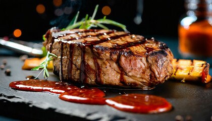 Wall Mural - grilled steak with melted barbeque sauce on a black and blurry background