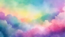 Colorful Watercolor Background Of Abstract Sunset Sky With Puffy Clouds In Bright Rainbow Colors Of Pink Green Blue Yellow And Purple