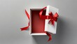 white gift box open with blank red bottom box or top view of present box tied with red ribbon and bow on grey white background with shadow minimal conceptual 3d rendering