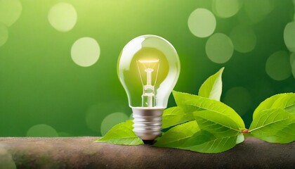 Wall Mural - ecology save energy and sustainability concept environment banner with light bulb with green leaves on green background sustainable energy development banner size copy space