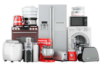 Poster - Set of kitchen appliances. Toaster, kettle, mixer, gas stove, washing machine, blender, yogurt maker, steamer, juicer and bread machine. 3D rendering isolated on transparent background