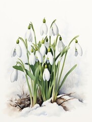  Isolated Watercolor Scene of Snowdrops on White Canvas AI Generated