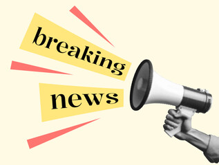 breaking news concept design with hand holding megaphone loudspeaker isolated on beige background black white effect dotted texture retro halftone collage cut-out element