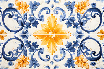 Rustic blue and yellow tile watercolor seamless pattern. Pattern of azulejos tiles 