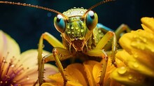  A Close Up Of A Grasshopper On A Flower With Drops Of Water On It's Eyes And A Blurry Background Of Yellow And Pink And Purple Flowers.