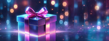 Neon Lights Enhance The Allure Of A Purple Gift With A Pink Ribbon. A Glowing Purple Box Tied With A Pink Ribbon, Surrounded By A Radiant Atmosphere
