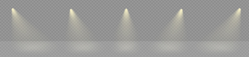 Poster - Spot lights shine to illuminate podium. Stage backdrop electric lightning. White ray or sun beam effect on transparent png vector. Music club projectors