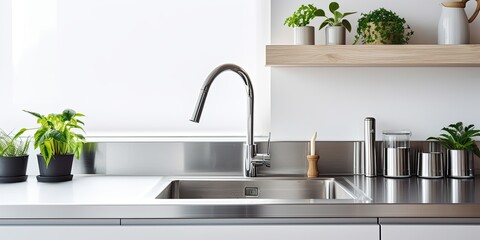 Sticker - Modern kitchen with stainless steel faucet, island sink, and wall-mounted kitchenware.