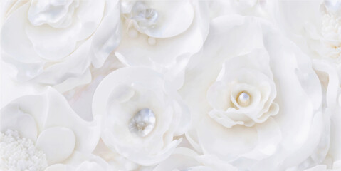 Wall Mural - elegant floral background with beautiful white flower pattern, luxury marble texture. floral rose ve