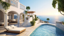 Luxury Mediterranean Villa With Pool Overlooking Sea In Summer. Rich Mansion With Terrace, White House Or Resort Hotel In Greek Style. Concept Of Property, Sunset, Greece And Travel