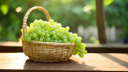 Wall Mural - Green grape in Bamboo basket on wooden table in garden, Shine Muscat Grape with leaves generative ai