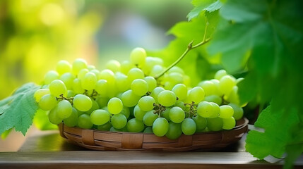 Wall Mural - Green grape in Bamboo basket on wooden table in garden, Shine Muscat Grape with leaves generative ai