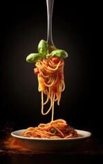 Wall Mural - Plate of spaghetti pasta with tomato sauce and fried ground meat and fork holding spaghetti on black background