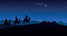 Christmas Nativity Scene - Three Wise Men Go To Bethlehem In The Desert At Night