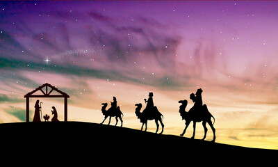 Wall Mural - Christmas Nativity Scene - Three Wise Mens go to the stable in the desert