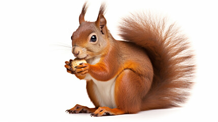 Wall Mural - Red Japanese Lis squirrel, sitting side ways, holding a hazel nut in front paws. generative ai