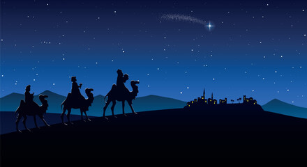 Wall Mural - Christmas Nativity Scene - Three Wise Men go to Bethlehem in the desert at night