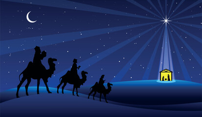 Christmas Nativity Scene - Three Wise Mens go to the stable in the desert at night