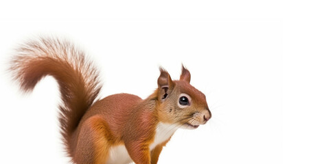 Wall Mural - Red Japanese Lis squirrel, standing facing front on edge. Tail up in typical squirrel. generative ai