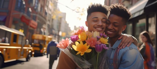 Two lovely men gay couple with present celebrating valentines day