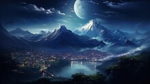 Beautiful Night Panoramic View As Mountains In The Background. Generative AI