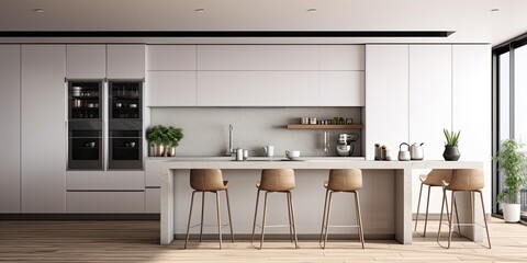 Modern two-storey kitchen with white walls, wood flooring, built-in cooker, and gray island with sink and stools - visualization