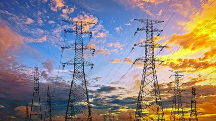 Canvas Print - Time lapse of high voltage power tower and sky cloudscape at dusk