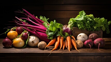  a group of vegetables sitting on top of a wooden table next to a pile of carrots and radishes on top of a wooden table next to a box of radishes.