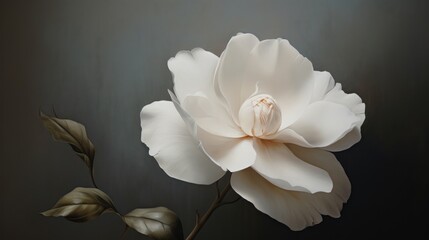  a close up of a white flower on a stem with leaves on a black background with only one flower in the center of the picture and one flower in the middle of the picture.