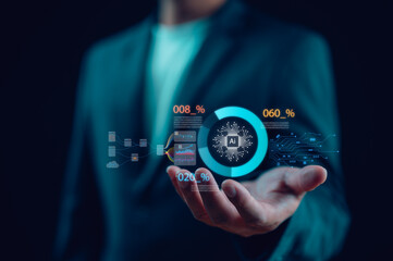 Aufkleber - Technology and people concept man use AI to help work, AI Learning and Artificial Intelligence Concept. Business, modern technology, internet and networking concept. AI technology in everyday life.